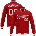 Custom Red White Bomber Full Snap Varsity Letterman Jacket
