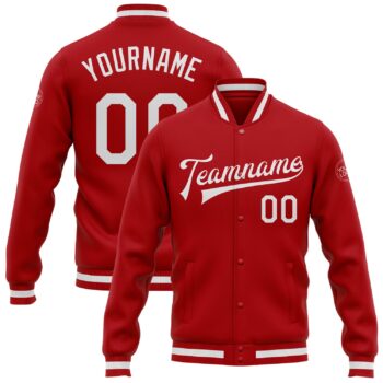 Custom Red White Bomber Full Snap Varsity Letterman Jacket