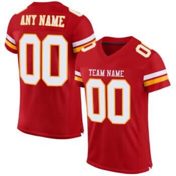 Custom Red White Gold Mesh Authentic Football Jersey