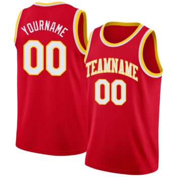 Custom Red White Gold Round Neck Rib Knit Basketball Jersey
