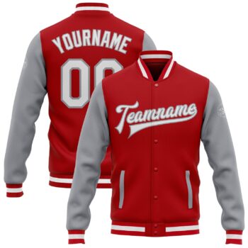 Custom Red White Gray Bomber Full Snap Varsity Letterman Two Tone Jacket