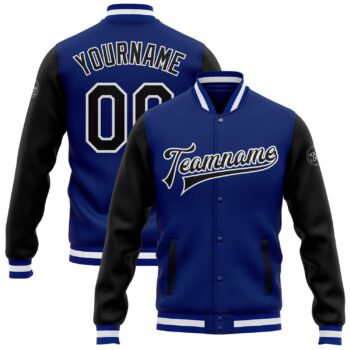 Custom Royal Black White Bomber Full Snap Varsity Letterman Two Tone Jacket
