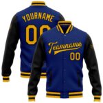 Custom Royal Gold Black Bomber Full Snap Varsity Letterman Two Tone Jacket