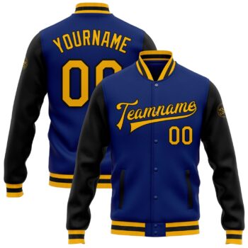 Custom Royal Gold Black Bomber Full Snap Varsity Letterman Two Tone Jacket