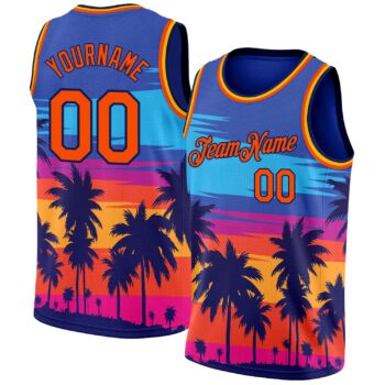 Custom Royal Orange Navy 3d Pattern Tropical Hawaii Palm Trees Authentic Basketball Jersey