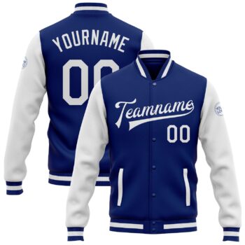 Custom Royal White Bomber Full Snap Varsity Letterman Two Tone Jacket