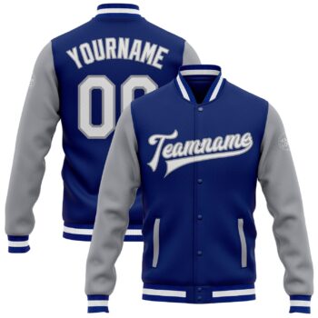Custom Royal White Gray Bomber Full Snap Varsity Letterman Two Tone Jacket