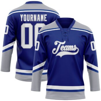 Custom Royal White Gray Hockey Lace Neck Jersey