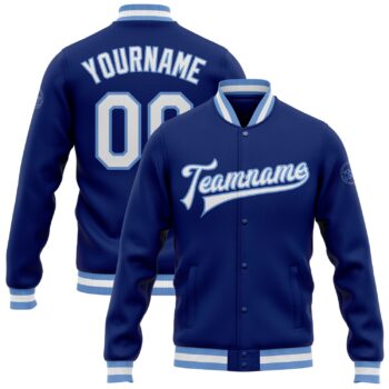 Custom Royal White Light Blue Bomber Full Snap Varsity Letterman Jacket