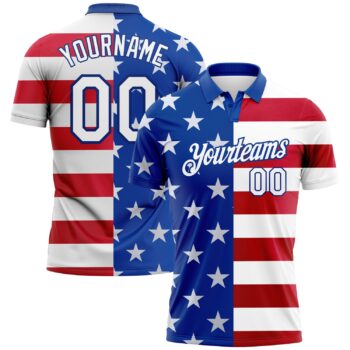 Custom Royal White Red 3d American Flag Performance Golf Polo Shirt