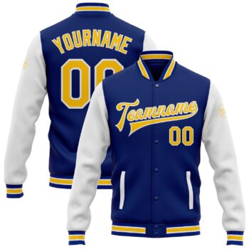 Custom Royal Yellow White Bomber Full Snap Varsity Letterman Two Tone Jacket