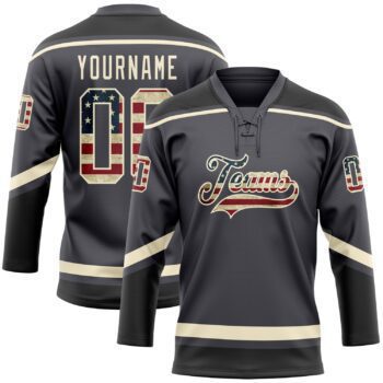 Custom Steel Gray Vintage Usa Flag Cream Black Hockey Lace Neck Jersey