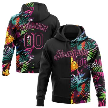 Custom Stitched Black Black Pink 3d Pattern Design Tropical Palm Leaves Sports Pullover Sweatshirt Hoodie