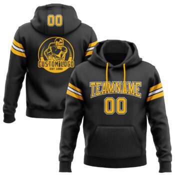 Custom Stitched Black Gold White Football Pullover Sweatshirt Hoodie