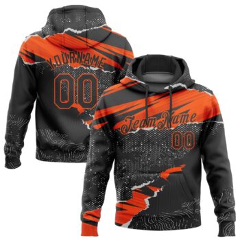 Custom Stitched Black Orange 3d Pattern Design Torn Paper Style Sports Pullover Sweatshirt Hoodie