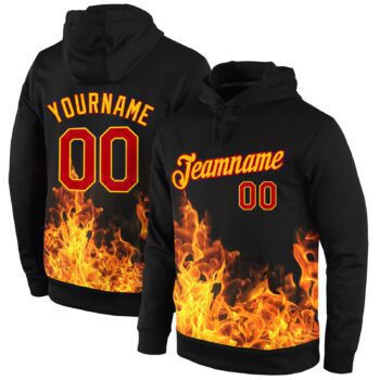 Custom Stitched Black Red Gold 3d Pattern Design Flame Sports Pullover Sweatshirt Hoodie