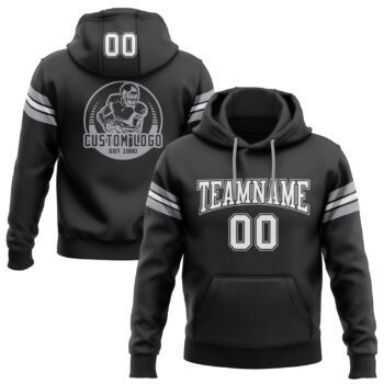 Custom Stitched Black White Gray Football Pullover Sweatshirt Hoodie