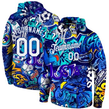 Custom Stitched Graffiti Pattern White Royal 3d Sports Pullover Sweatshirt Hoodie