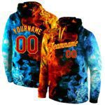 Custom Stitched Red Red Gold 3d Pattern Design Flame Sports Pullover Sweatshirt Hoodie