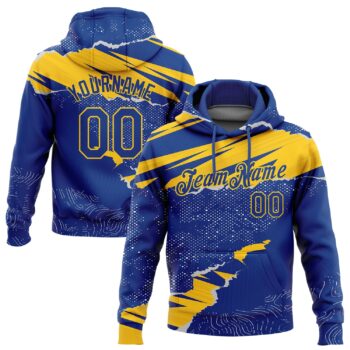 Custom Stitched Royal Yellow 3d Pattern Design Torn Paper Style Sports Pullover Sweatshirt Hoodie