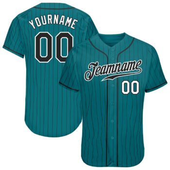 Custom Teal Black Pinstripe Black White Authentic Baseball Jersey