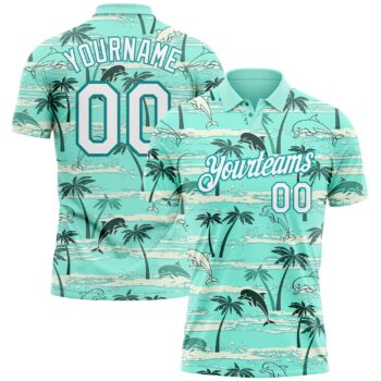 Custom Teal White 3d Pattern Design Hawaii Palm Trees Performance Golf Polo Shirt