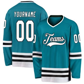 Custom Teal White Black Hockey Jersey