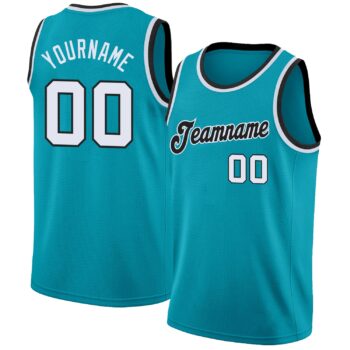 Custom Teal White Black Round Neck Rib Knit Basketball Jersey