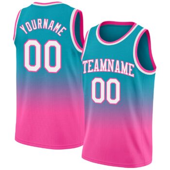 Custom Teal White Pink Authentic Fade Fashion Basketball Jersey