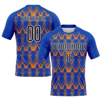 Custom Thunder Blue Black Bay Orange Abstract Shape Sublimation Volleyball Uniform Jersey