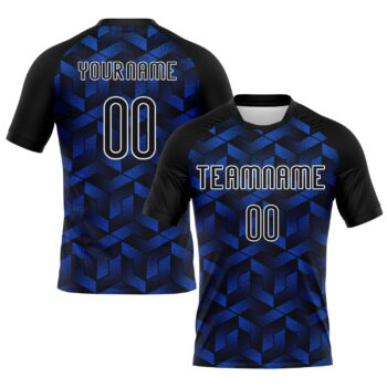Custom Thunder Blue Black White Geometric Shape Sublimation Volleyball Uniform Jersey