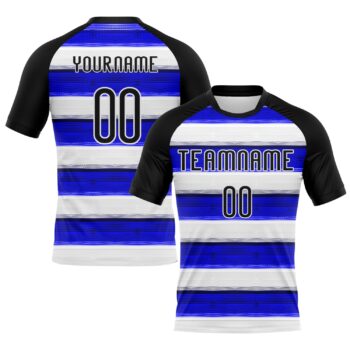 Custom Thunder Blue Black White Lines Sublimation Volleyball Uniform Jersey