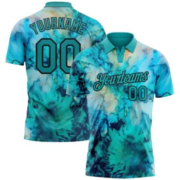 Custom Tie Dye Teal Black 3d Performance Golf Polo Shirt