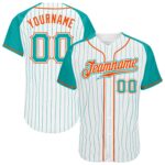 Custom White Aqua Pinstripe Aqua Orange Authentic Raglan Sleeves Baseball Jersey