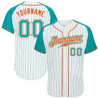 Custom White Aqua Pinstripe Aqua Orange Authentic Raglan Sleeves Baseball Jersey