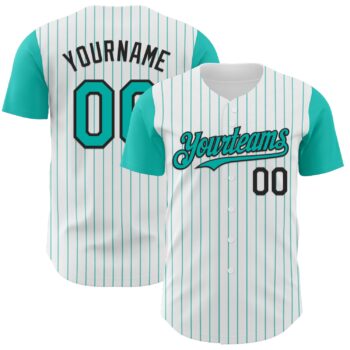 Custom White Aqua Pinstripe Black Authentic Two Tone Baseball Jersey