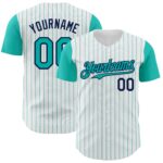 Custom White Aqua Pinstripe Navy Authentic Two Tone Baseball Jersey
