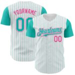 Custom White Aqua Pinstripe Pink Authentic Two Tone Baseball Jersey