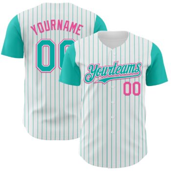 Custom White Aqua Pinstripe Pink Authentic Two Tone Baseball Jersey