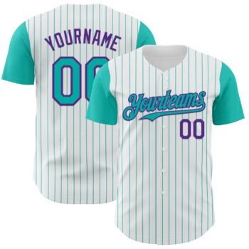 Custom White Aqua Pinstripe Purple Authentic Two Tone Baseball Jersey