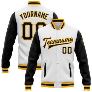 Custom White Black Gold Bomber Full Snap Varsity Letterman Two Tone Jacket