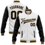 Custom White Black Old Gold Bomber Full Snap Varsity Letterman Two Tone Jacket