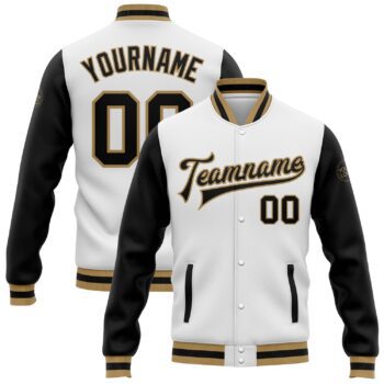 Custom White Black Old Gold Bomber Full Snap Varsity Letterman Two Tone Jacket