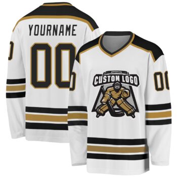 Custom White Black Old Gold Hockey Jersey