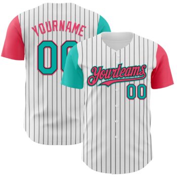 Custom White Black Pinstripe Aqua Neon Pink Authentic Two Tone Baseball Jersey