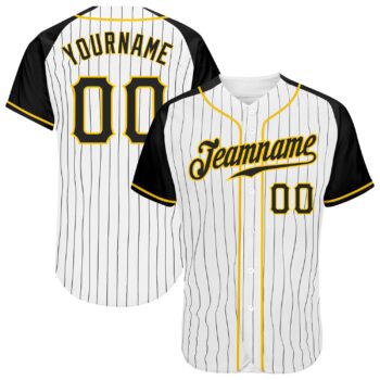 Custom White Black Pinstripe Black Gold Authentic Raglan Sleeves Baseball Jersey