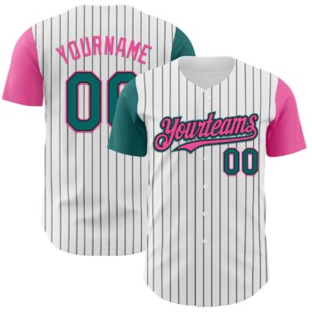 Custom White Black Pinstripe Teal Pink Authentic Two Tone Baseball Jersey