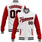 Custom White Black Red Bomber Full Snap Varsity Letterman Two Tone Jacket