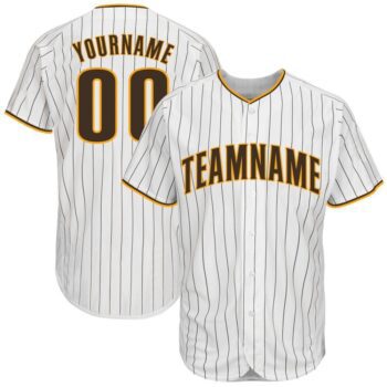 Custom White Brown Pinstripe Brown Gold Baseball Jersey