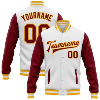 Custom White Crimson Gold Bomber Full Snap Varsity Letterman Two Tone Jacket